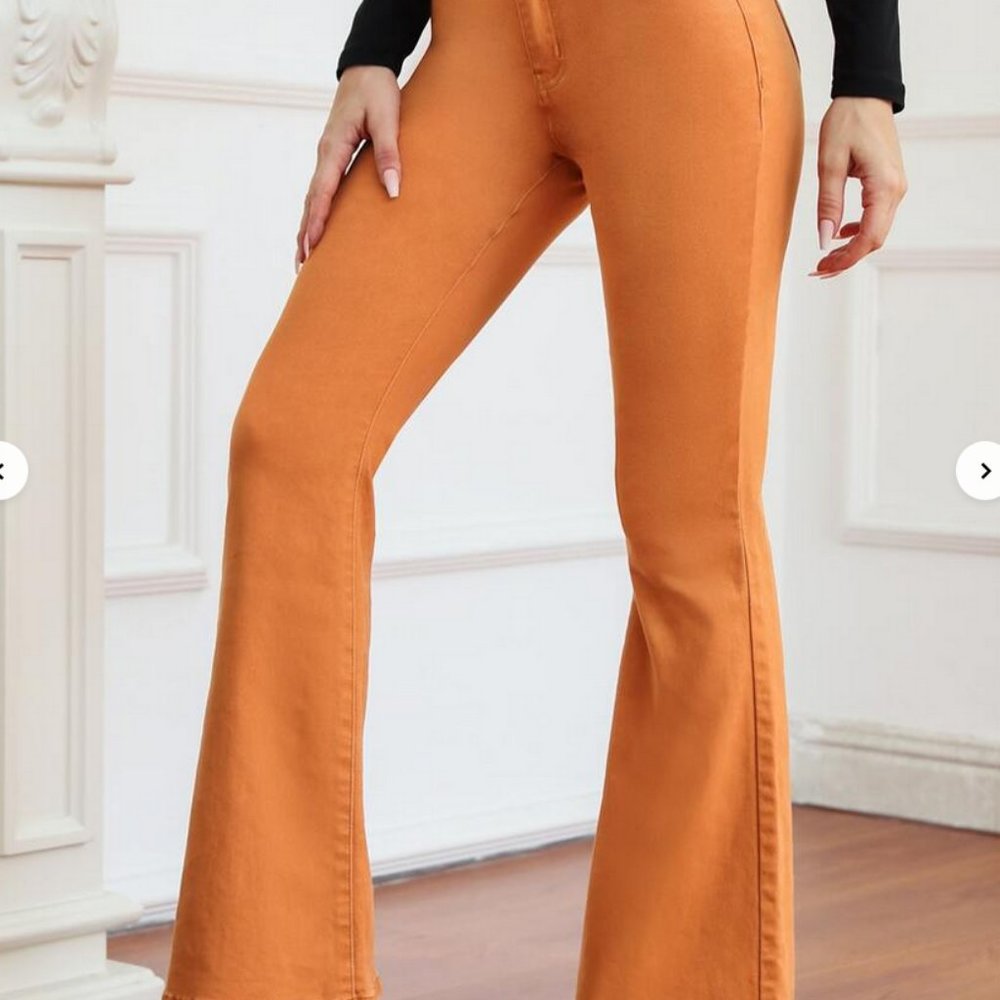 Orange Colored Jeans Womens Denim Pants Flared High Rise Full Length